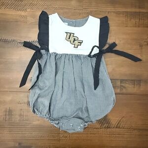 UCF Knights Vive La Fete Baby Girl Gingham Romper Bubble 12M Black White Gold
